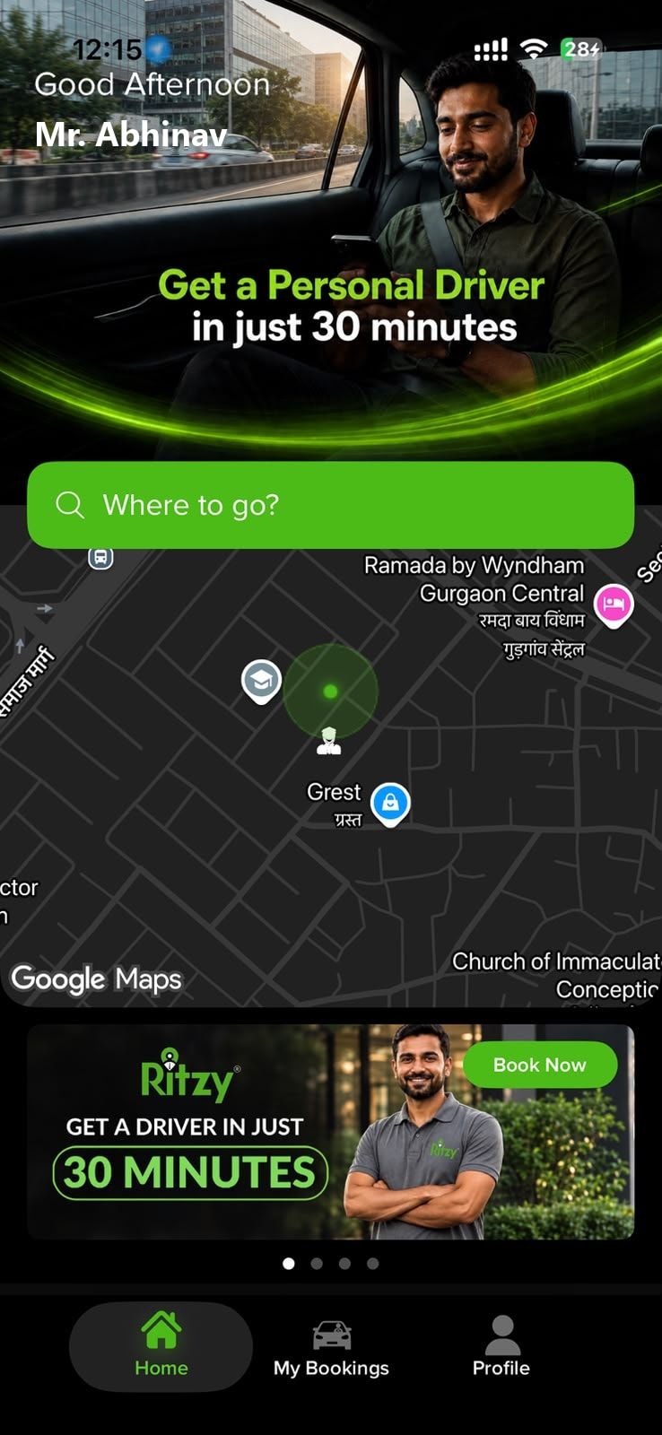 Ritzy app home screen: get a personal driver in just 30 minutes, with a Where to go search over a live map