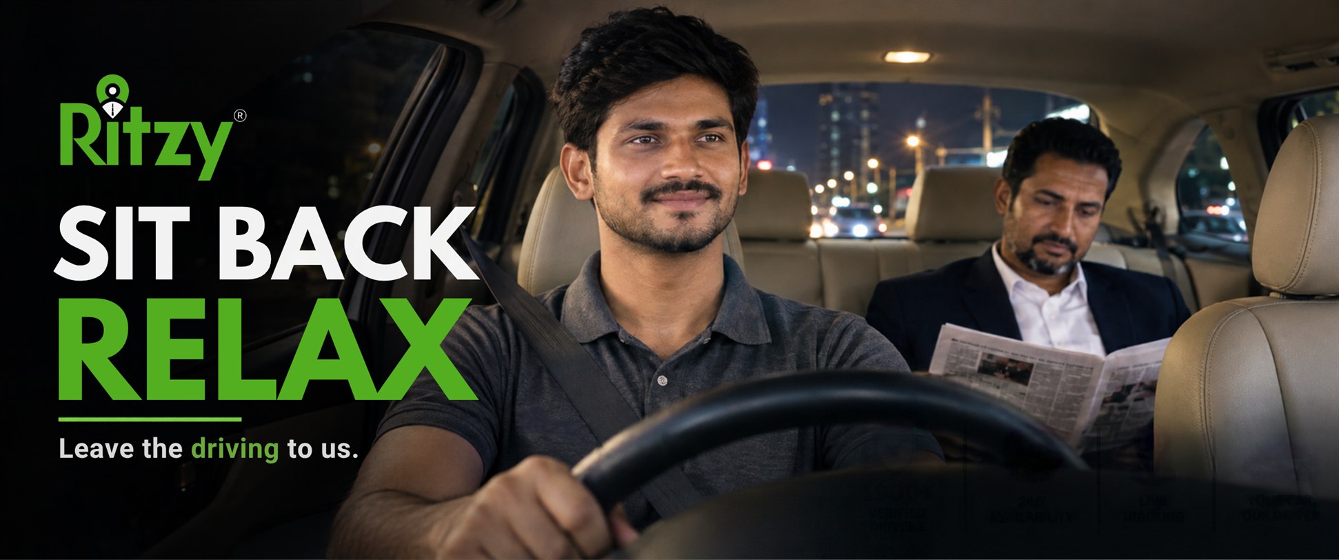 Sit back, relax. Leave the driving to us: a Ritzy driver at the wheel while the owner reads in the back seat