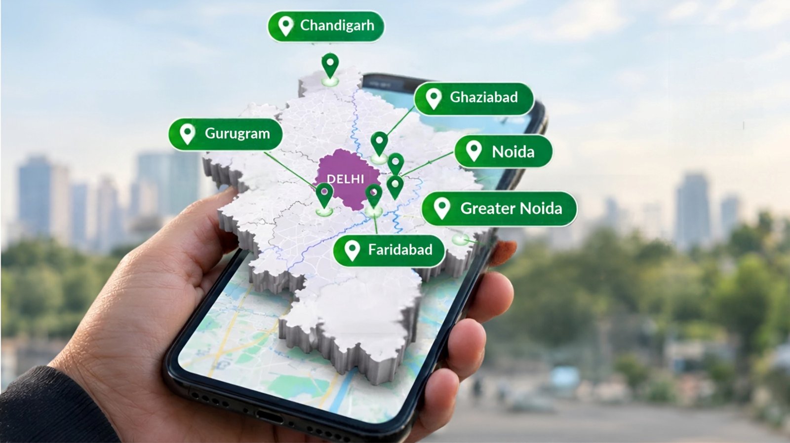 A phone showing a map of the cities Ritzy serves: Delhi, Gurugram, Noida, Greater Noida, Ghaziabad, Faridabad and Chandigarh