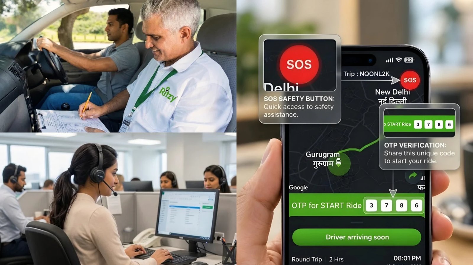 Ritzy safety: a driving assessment, the 24/7 support desk, and the SOS button and start OTP in the app