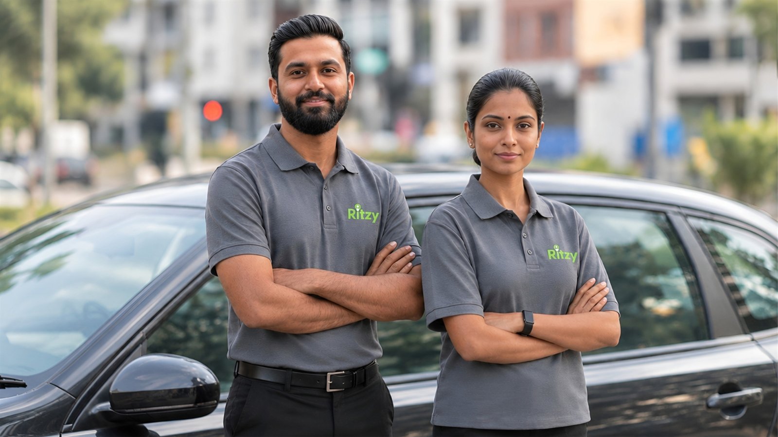 Two Ritzy driver partners in uniform standing beside a car