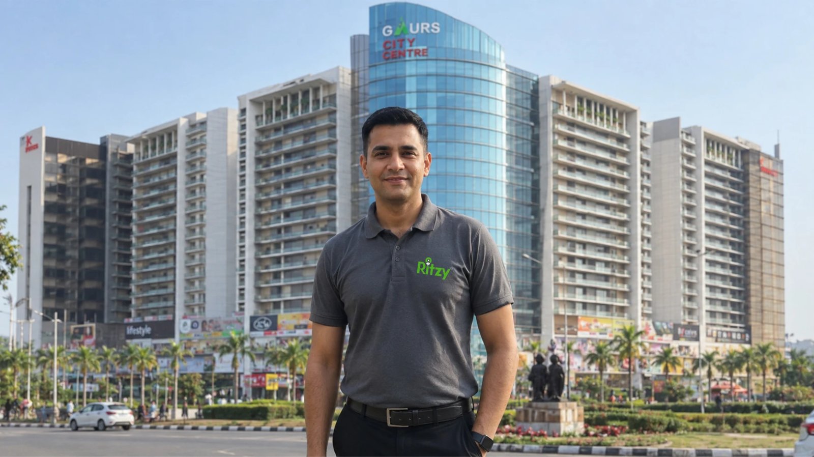 A Ritzy driver outside Gaur City Centre, Greater Noida West