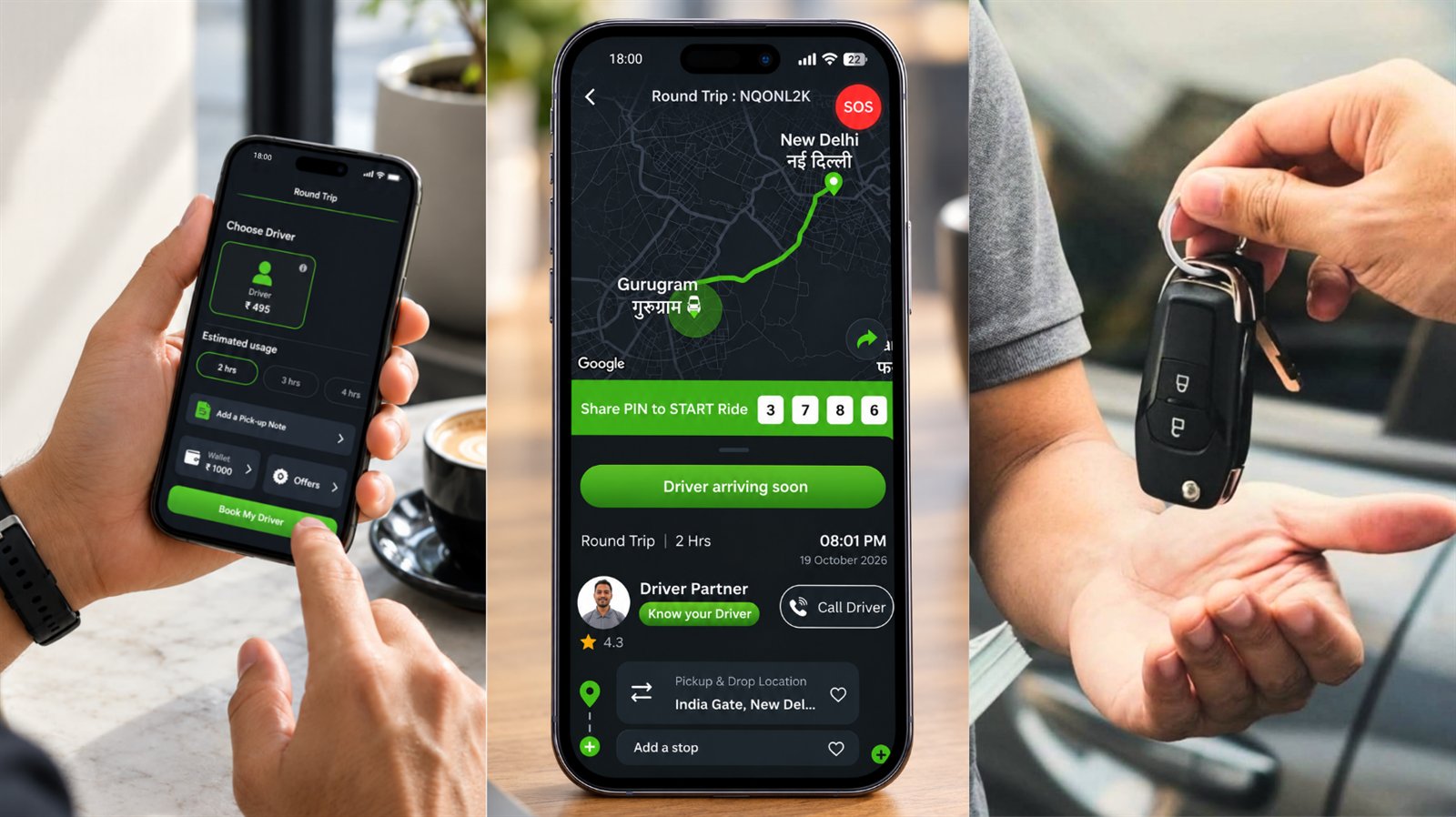 Booking a driver in the Ritzy app, the live trip screen with the start PIN, and car keys handed to the driver