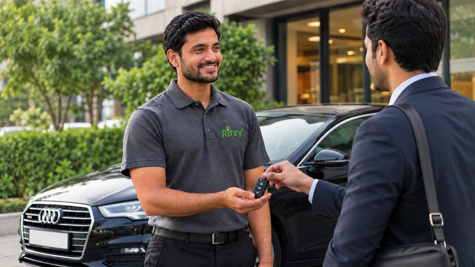 A Ritzy driver taking the car keys from the owner outside an office