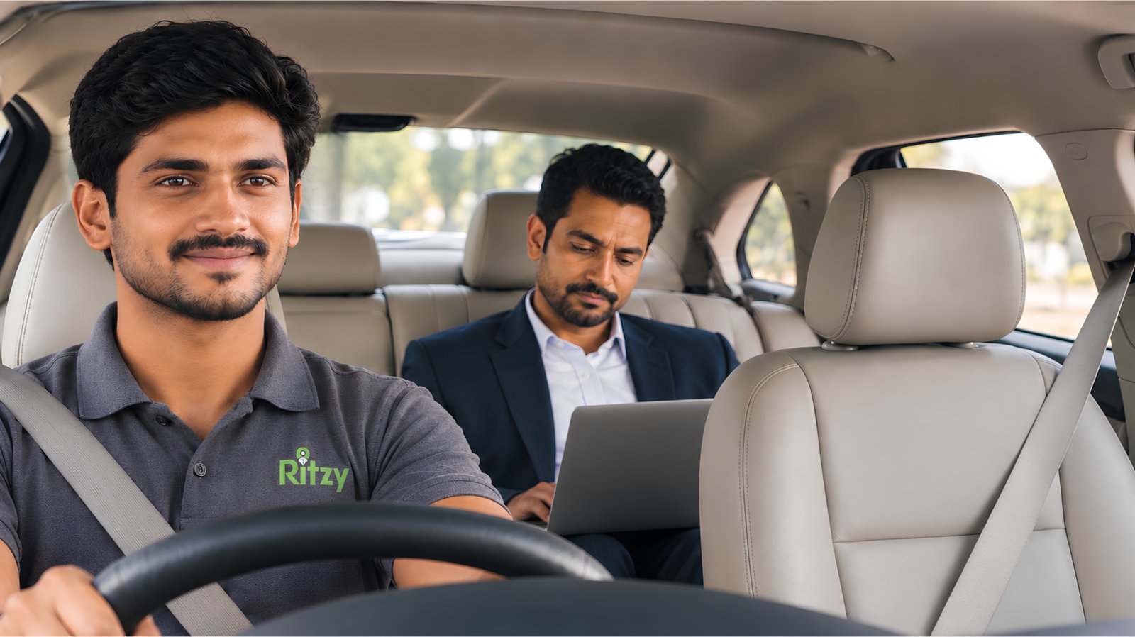 A Ritzy driver at the wheel while the owner works on a laptop in the back seat