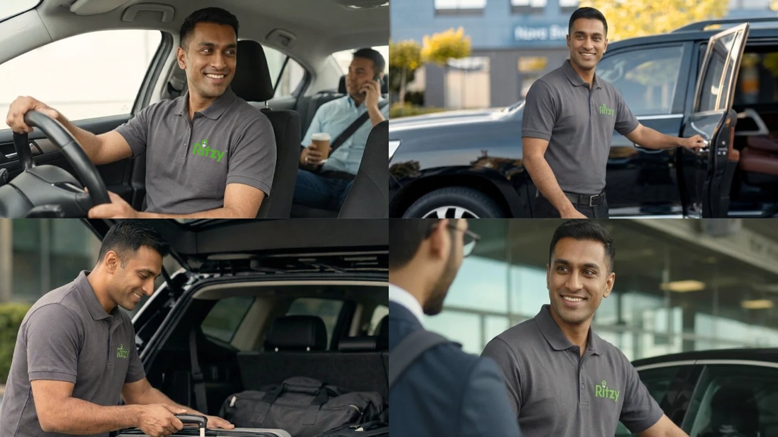 The same Ritzy driver through the day: at the wheel, holding the car door, loading luggage and greeting a customer