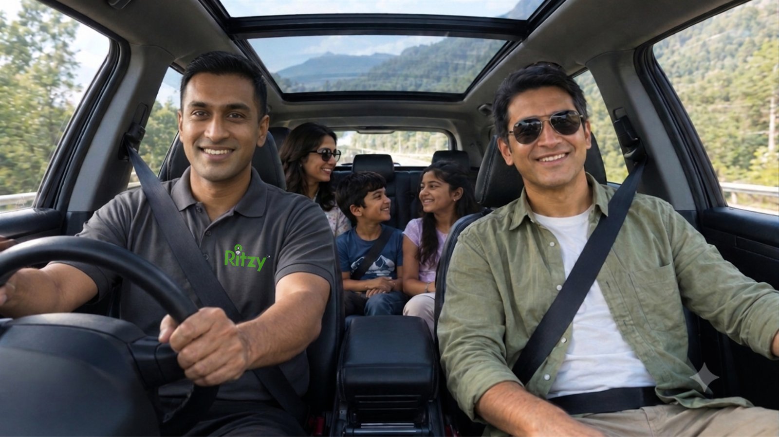 A family on a road trip through the hills with a Ritzy driver at the wheel