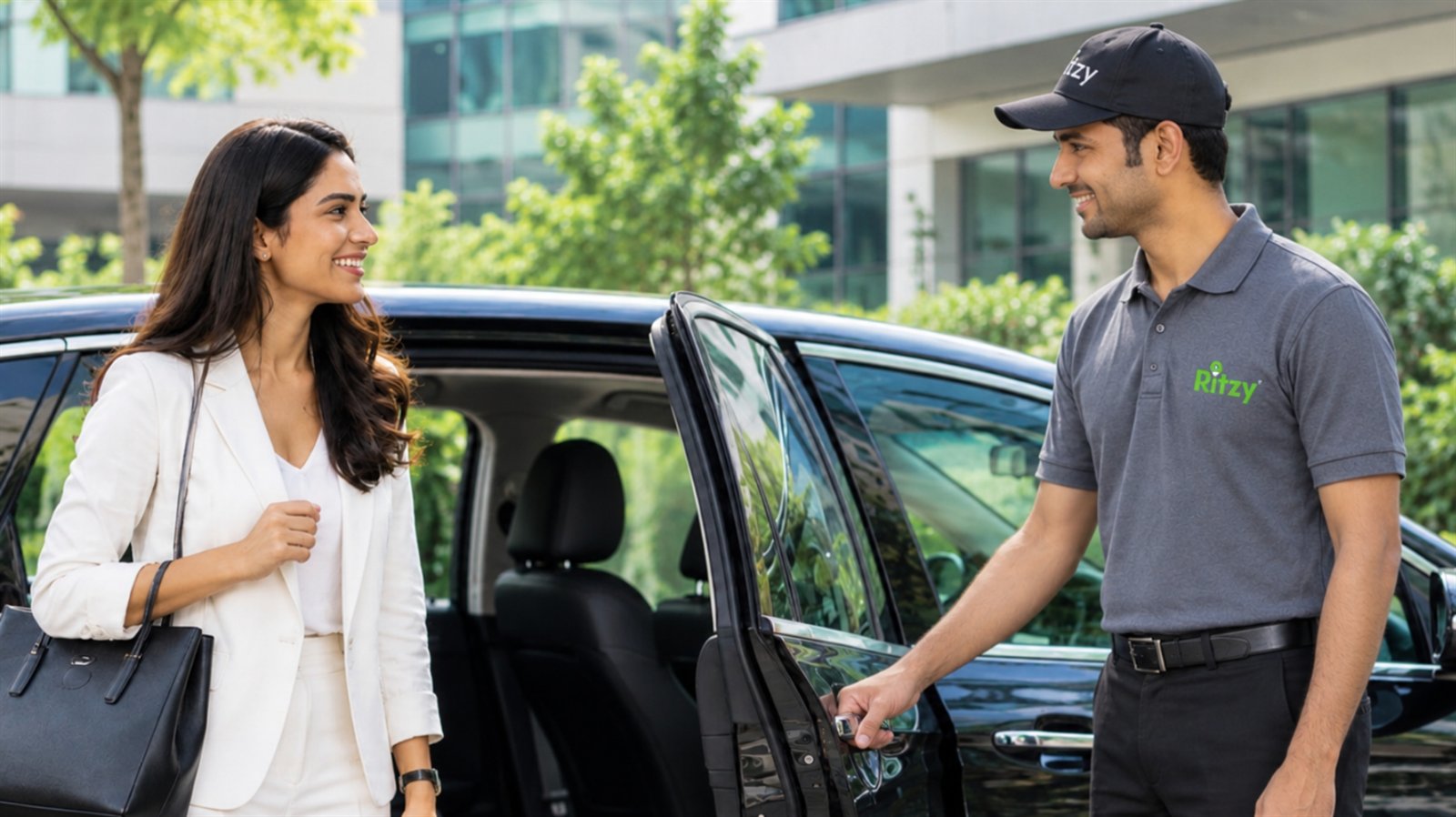 A Ritzy driver holding the car door open for a customer outside an office